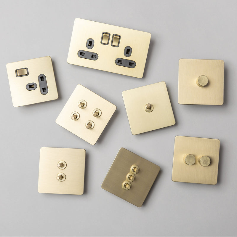 Satin Brass Switches and Sockets - Straight Knurled Design