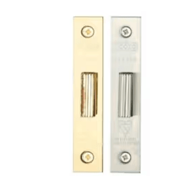 Zoo Hardware Rebate Kit to Suit BS 5 Lever Dead Locks, compatible with 64mm and 76mm sizes, includes two metal casings: one in a polished brass finish and one in a chrome finish, featuring pre-drilled holes for installation.
