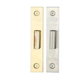 Zoo Hardware Rebate Kit to Suit BS 5 Lever Dead Locks, compatible with 64mm and 76mm sizes, includes two metal casings: one in a polished brass finish and one in a chrome finish, featuring pre-drilled holes for installation.