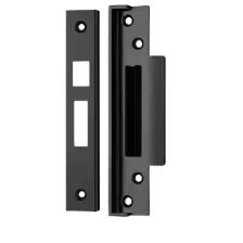 Zoo Hardware Rebate Kit to Suit BS 5 Lever Sash Locks in black, designed for use with 64mm and 76mm door thicknesses, featuring two components: a keeper and a strike plate, both with multiple installation holes.