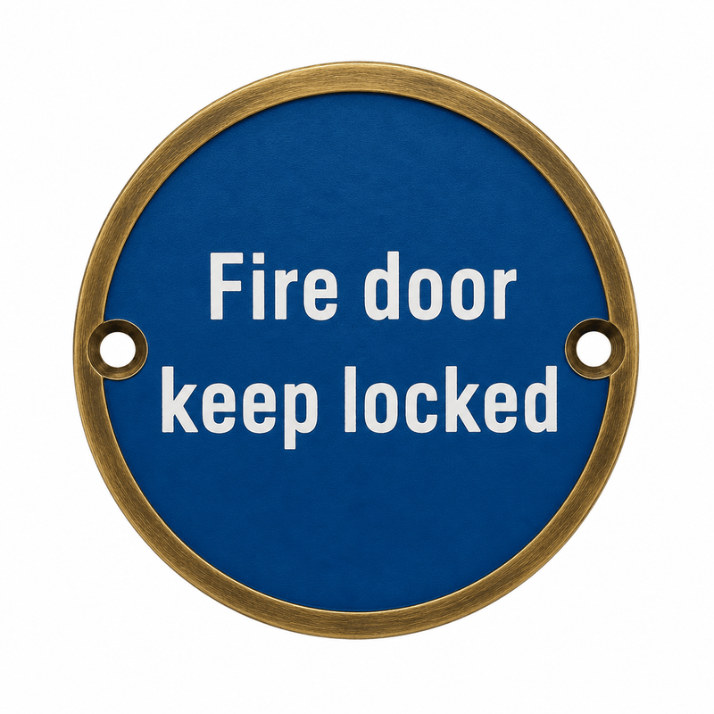 Zoo Hardware Fire Door Keep Locked Sign, circular design in blue with white letters, featuring two holes for mounting. The sign emphasizes safety with its clear instructions.