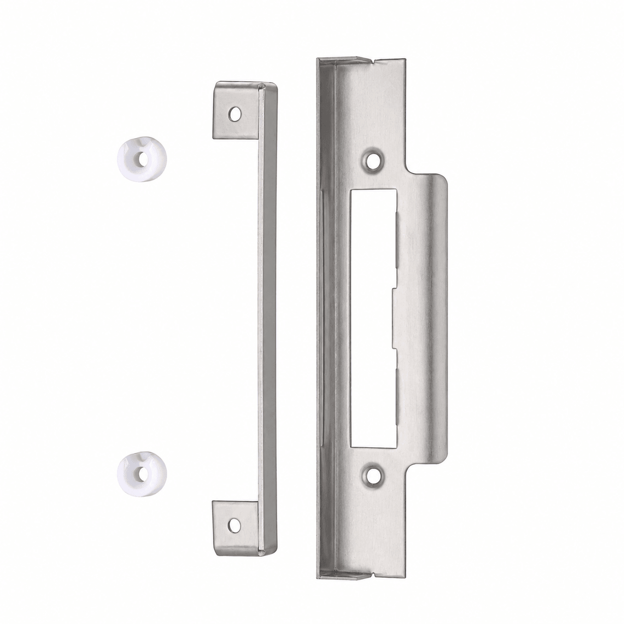 Zoo Hardware Rebate Kit to Suit Cylinder Sash Lock in stainless steel, featuring a rectangular latch and strike plate design with two white plastic covers included.