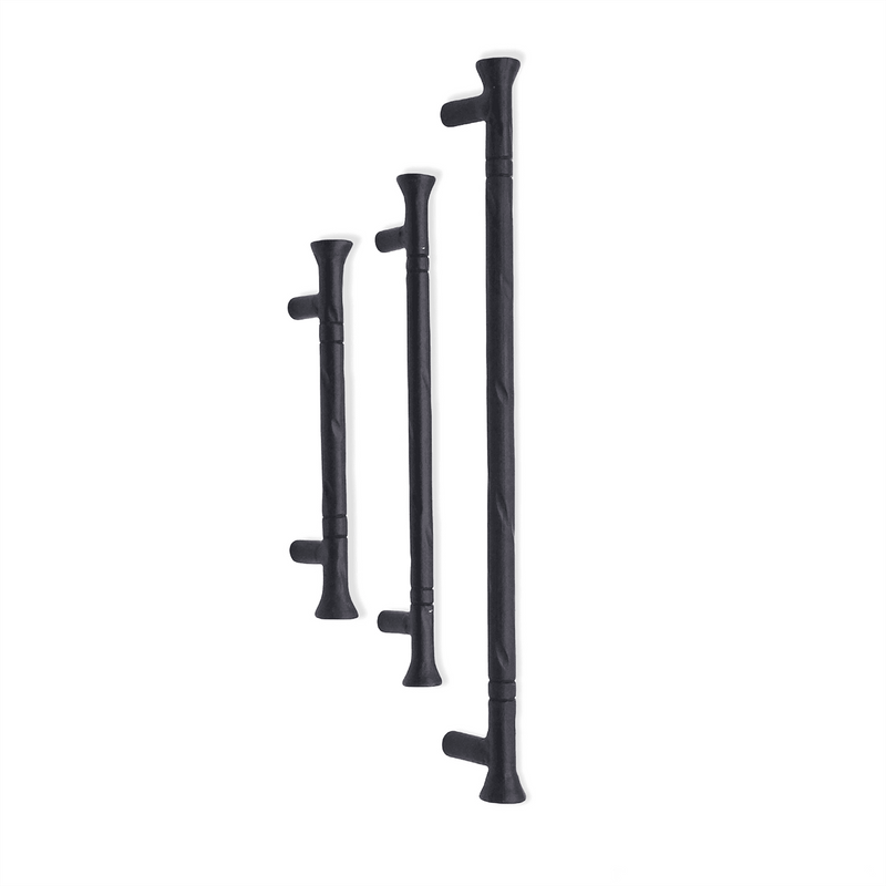 Spira Brass Dona Pull Handle set in black, featuring three handles of varying lengths with a twisted design and curved ends for grip.