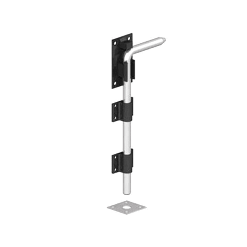 Spira Brass Iron Drop Bolt 18" with a silver metal body, featuring a curved end and black rubber clamping pieces, designed for securing doors.