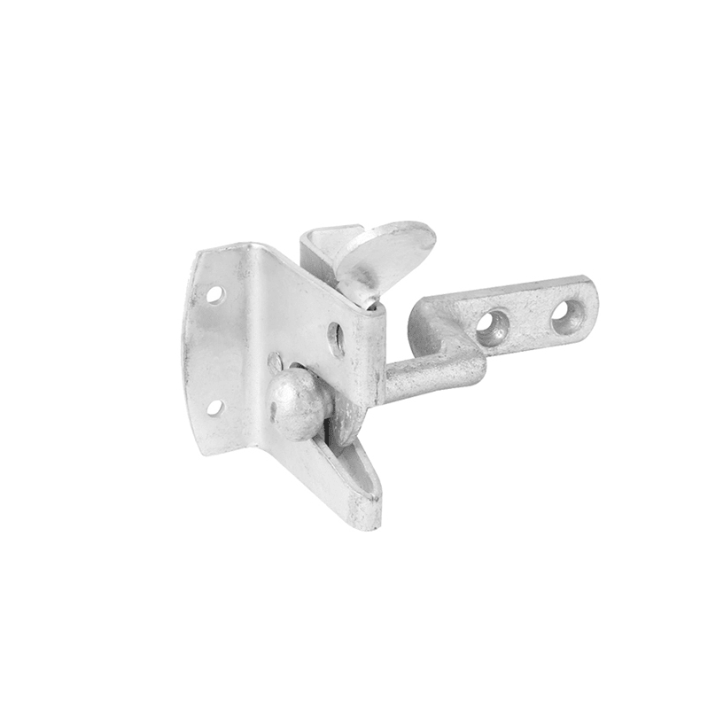 Spira Brass Iron Auto Gate Latch in black finish, designed with a sturdy metal construction featuring a lever arm and mounting plate for secure gate closure.