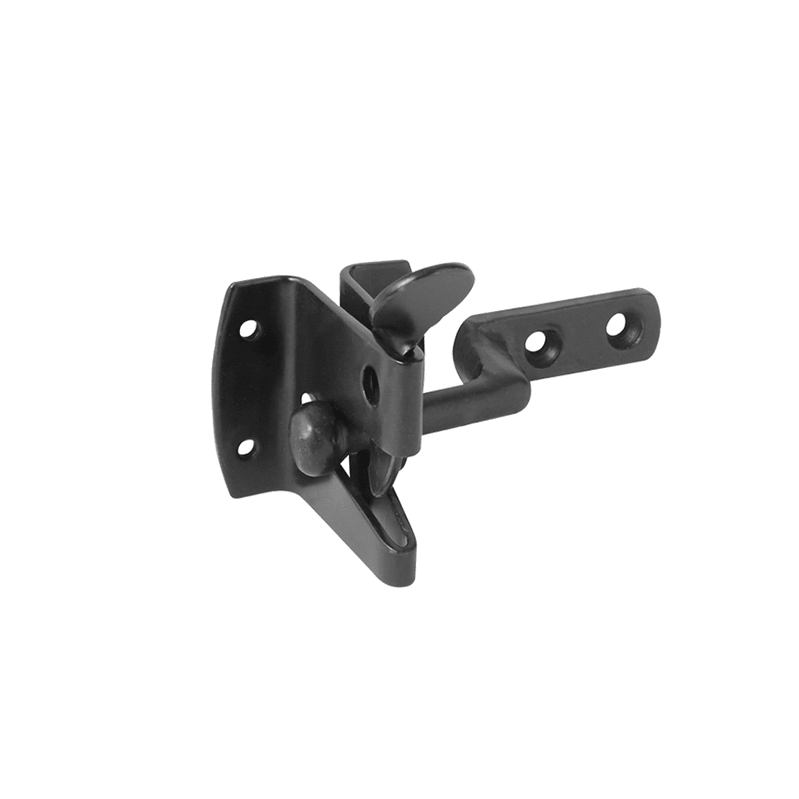Spira Brass Iron Auto Gate Latch in black, featuring a lever mechanism and screw holes for easy installation, designed for securing gates.
