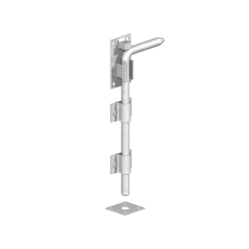 Spira Brass Iron Drop Bolt 18" in silver finish, featuring a straight cylindrical design with a curved handle and a locking mechanism for secure closure.