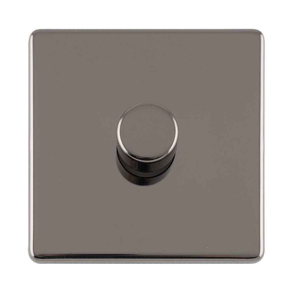 Eurolite Concealed 3mm 1 Gang LED Push On Off 2-Way Dimmer in black nickel finish, featuring a round control knob on a square plate for user-friendly operation.