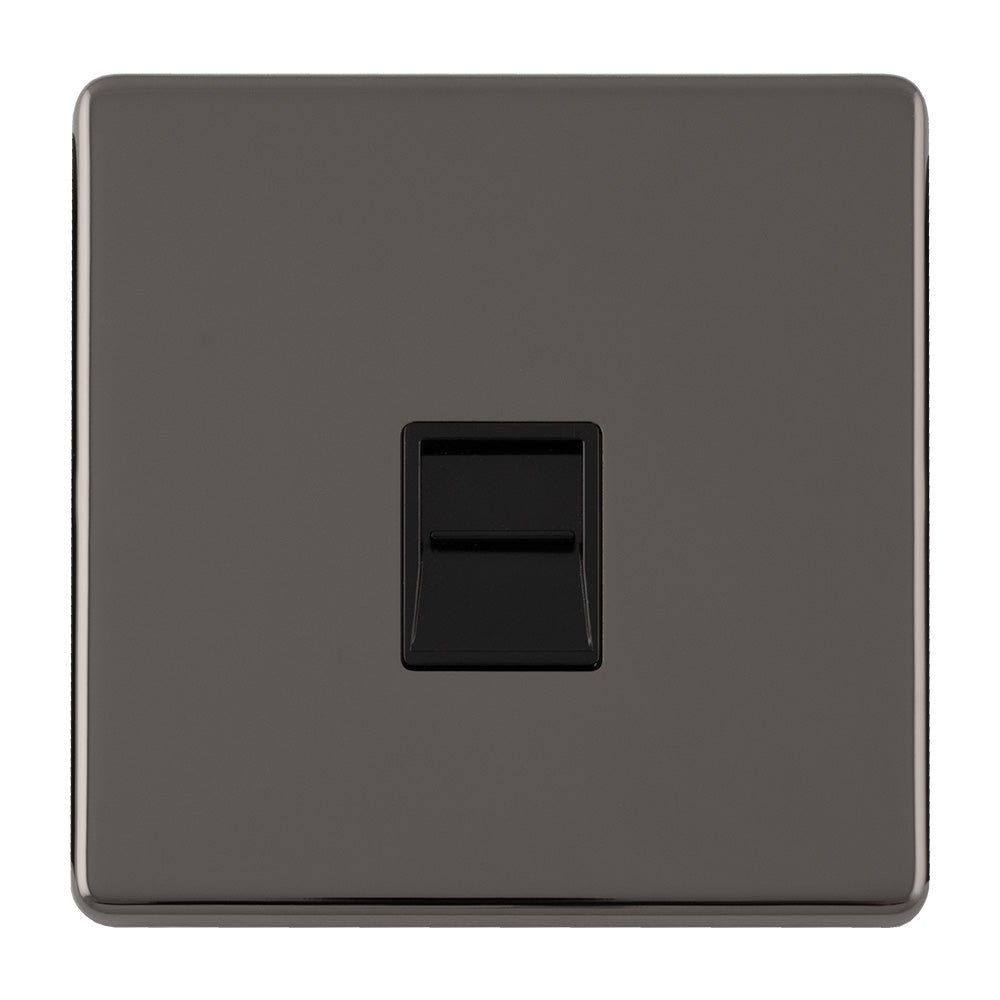 Eurolite Concealed 3mm Telephone Slave in black nickel, featuring a sleek square design with a simple black toggle switch on the front.