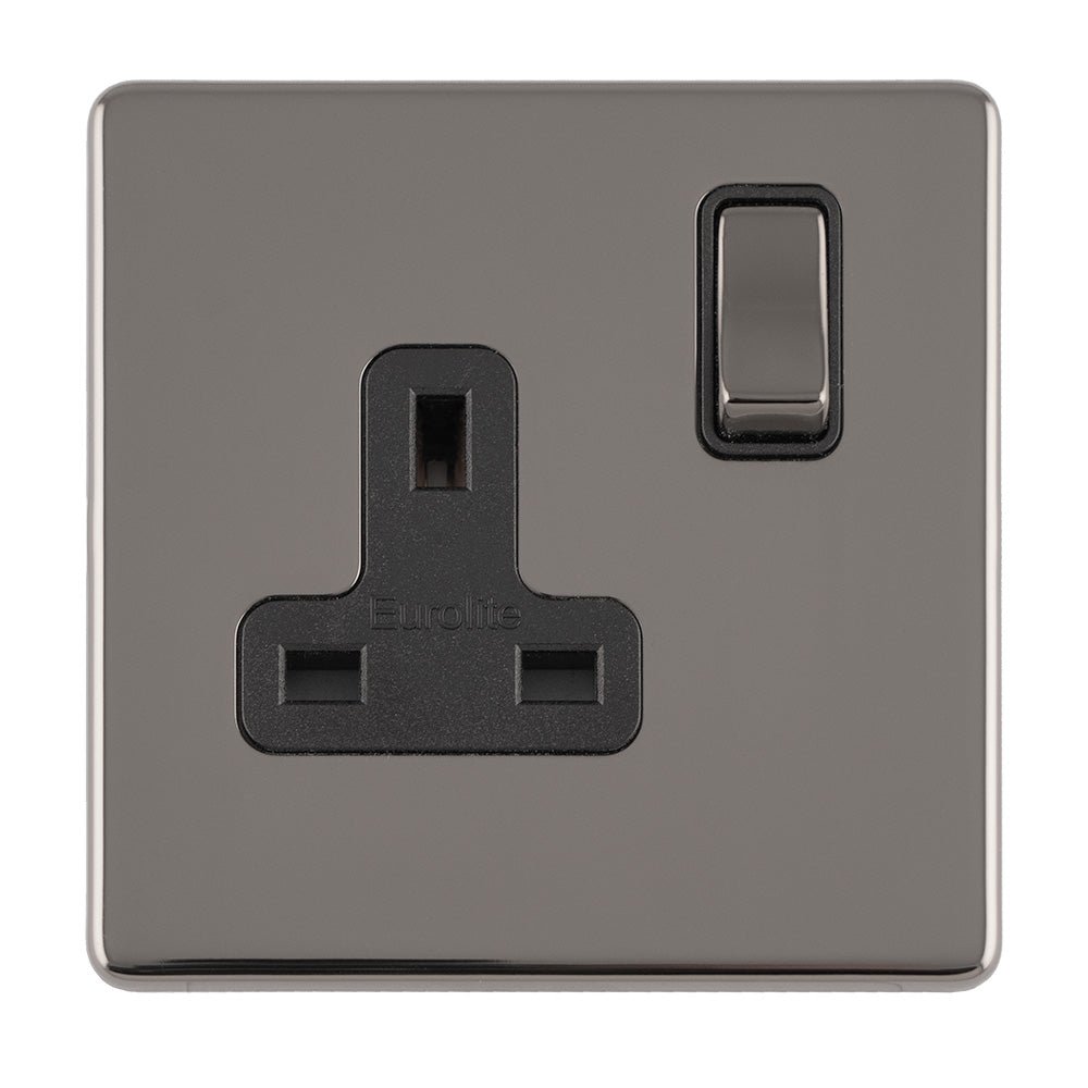 Eurolite Concealed 3mm 1 Gang 13Amp DP Switched Socket in black nickel finish, featuring a rectangular design with a switch and a three-pin socket layout.