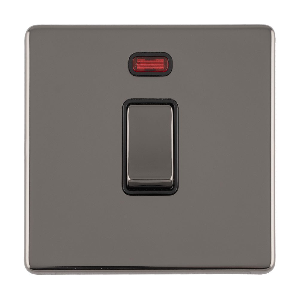 Eurolite Concealed 3mm 1 Gang 20Amp DP Switch in black nickel, featuring a standard toggle switch and a red indicator light, designed for wall mounting with a sleek finish.