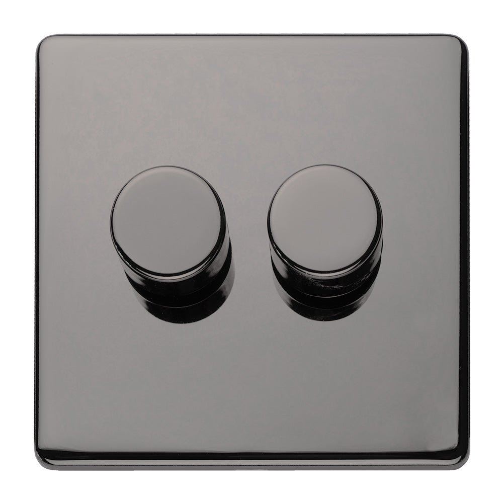 Eurolite Concealed 3mm 2 Gang LED Push On Off 2 Way Dimmer in black nickel finish, featuring two circular knobs on a square plate for controlling lighting.