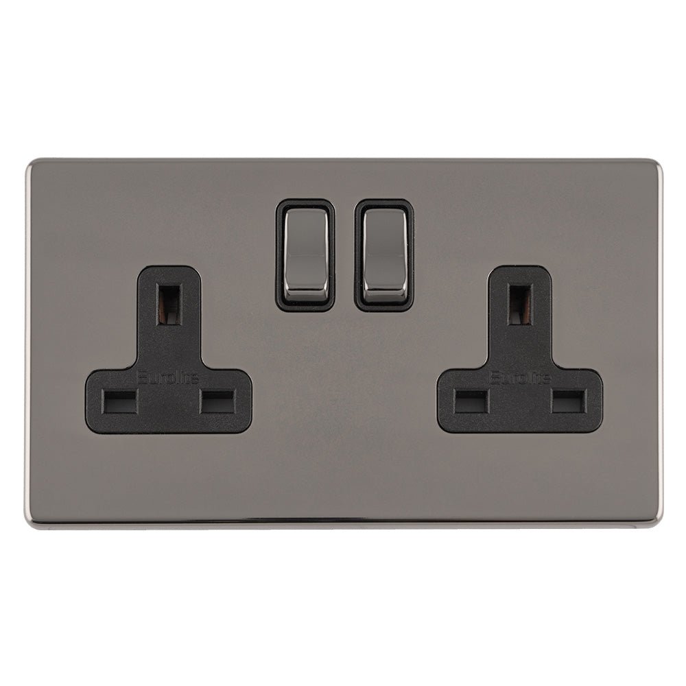 Eurolite Concealed 3mm 2 Gang 13Amp DP Switched Socket in black nickel, featuring two power outlets and two switches with a sleek, modern finish.