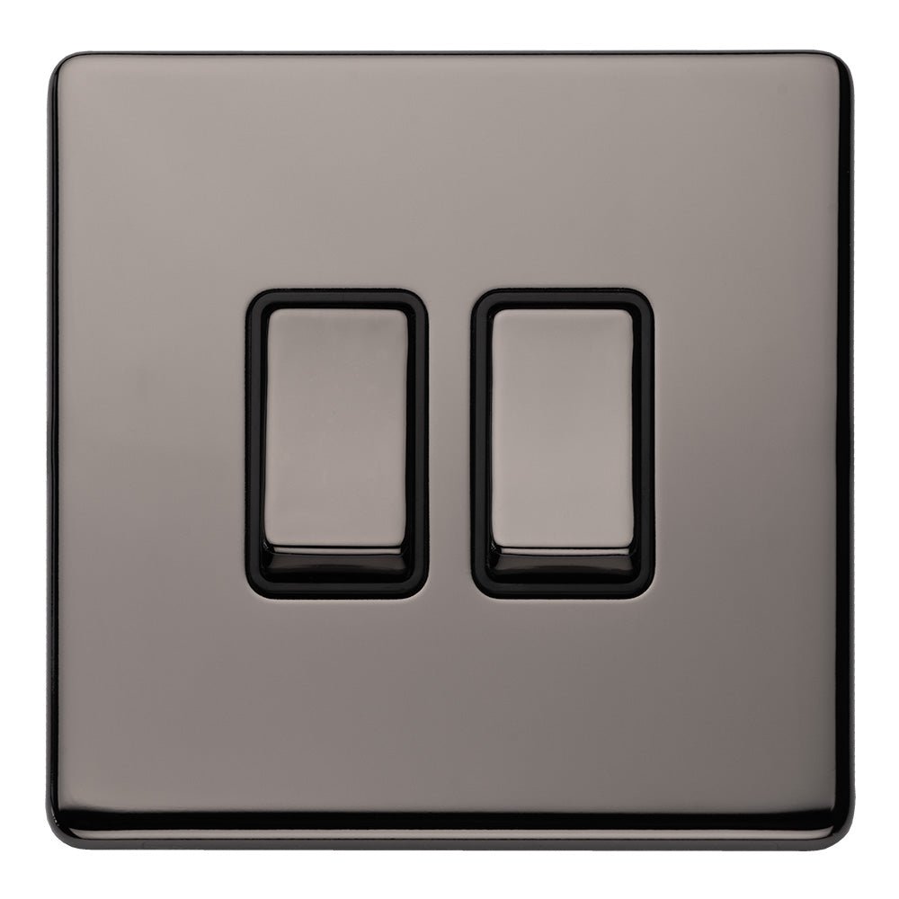 Eurolite Concealed 3mm 2 Gang 10Amp 2Way Switch in black nickel, featuring two rectangular switches with a sleek finish, designed for a modern aesthetic.