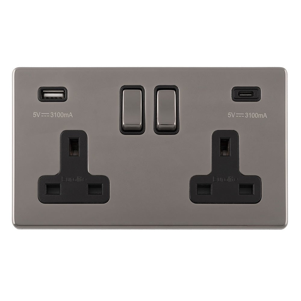 Eurolite Concealed 3mm 2 Gang USB-C Socket in black nickel, featuring two USB-C ports alongside two standard sockets, with clear labeling for voltage and current specifications.