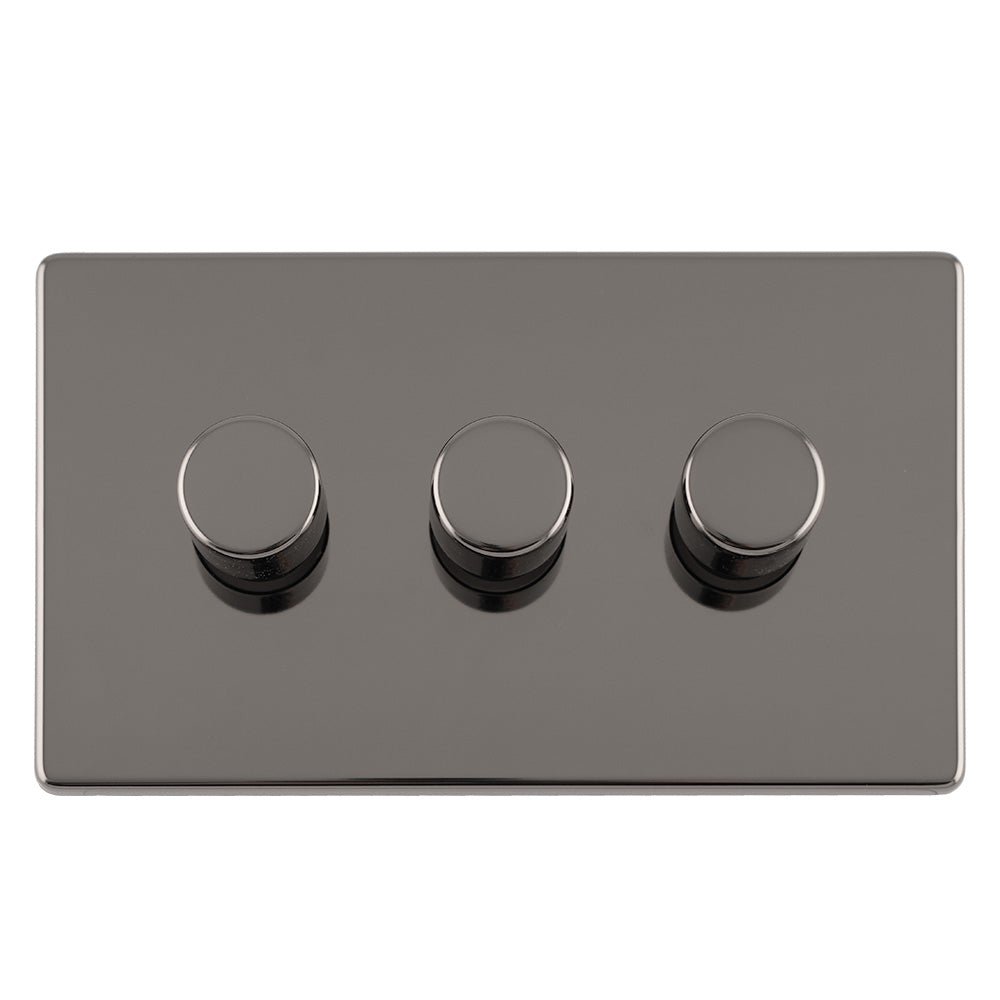 Eurolite Concealed 3mm 3 Gang LED Push On Off 2Way Dimmer in black nickel featuring three circular control knobs for adjusting lighting.