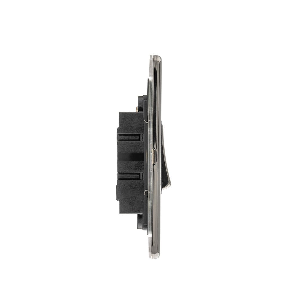 Eurolite Concealed 3mm 3 Gang 10Amp 2Way Switch in black nickel, featuring a sleek design with three switch positions and a flat faceplate for installation in electrical systems.