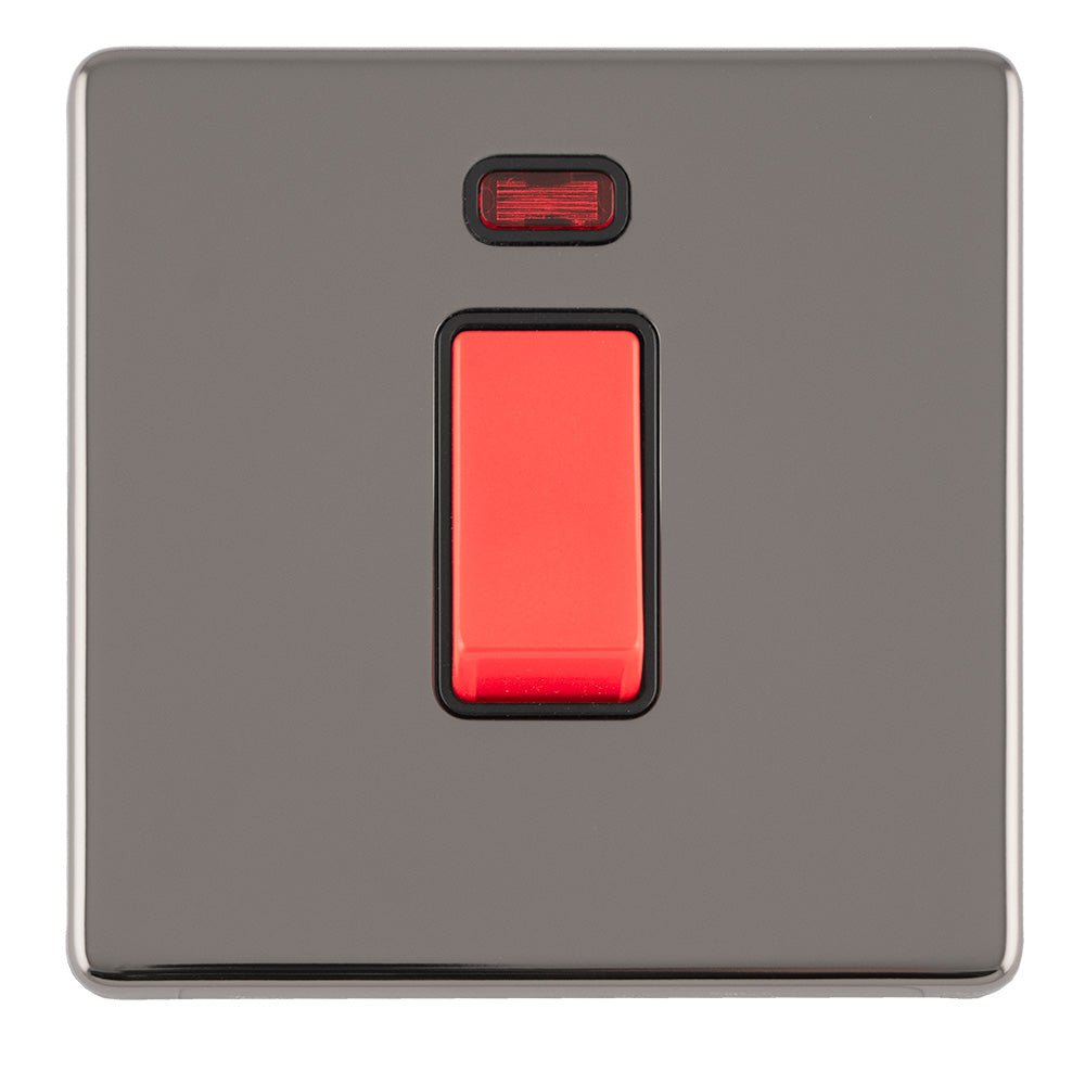 Eurolite Concealed 3mm 1 Gang 45Amp DP Switch in black nickel finish, featuring a red rocker switch and a neon indicator light, designed for stylish electrical control.