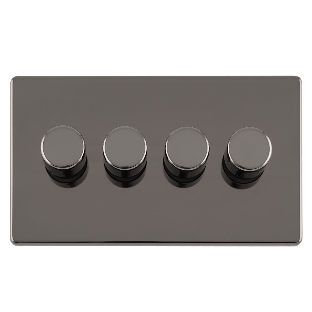 Eurolite Concealed 3mm 4 Gang LED Push On Off 2Way Dimmer in black nickel finish, featuring four round, push-button controls mounted on a rectangular plate.