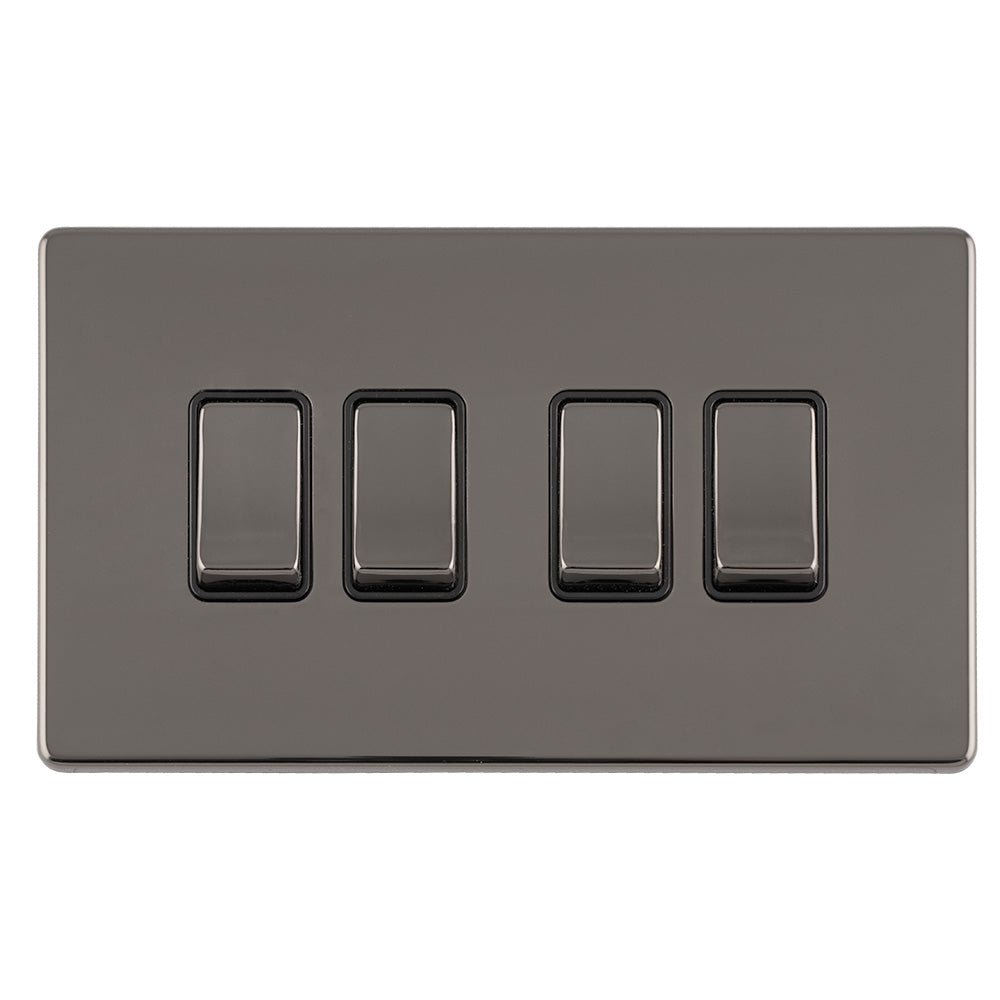 Eurolite Concealed 3mm 4 Gang 10Amp 2Way Switch in black nickel finish, featuring four rectangular toggle switches on a sleek panel.