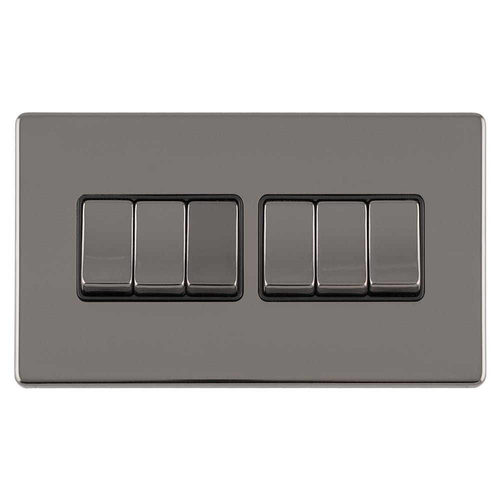 Eurolite Concealed 3mm 6 Gang 10Amp 2Way Switch in black nickel, featuring six toggle switches arranged in two rows on a rectangular plate with a smooth finish.