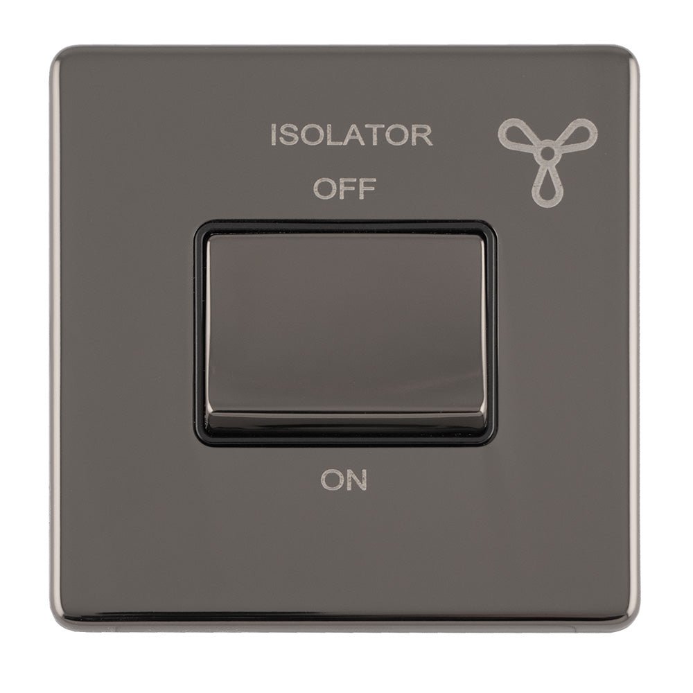 Eurolite Concealed 3mm 6Amp Fan Isolator Switch in black nickel, featuring a simple rectangular design with an ON/OFF toggle and an isolator icon. The surface has a sleek, dark finish.