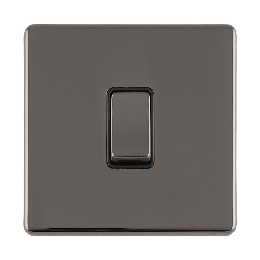 Eurolite Concealed 3mm 1 Gang Intermediate Switch in black nickel, featuring a sleek rectangular design with a smooth finish and a central toggle switch.
