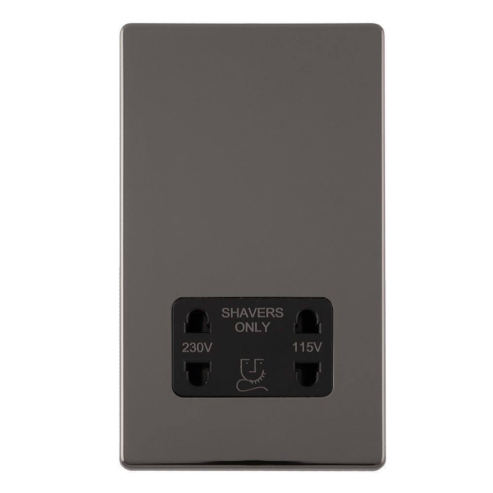 Eurolite Concealed 3mm Shaver Socket in black nickel, featuring two plug openings marked "SHAVERS ONLY" for 230V and 115V. The sleek design integrates into the wall for a streamlined look.