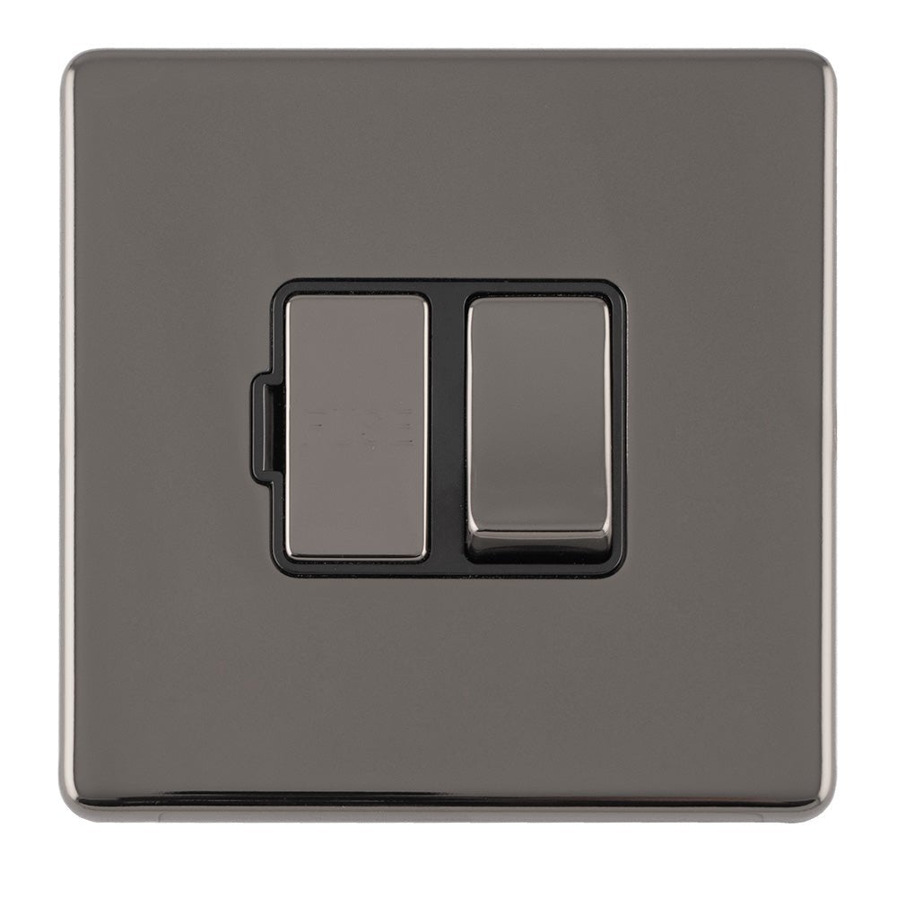 Eurolite Concealed 3mm 13Amp Switched Fuse Spur in black nickel finish, featuring a dual switch design and a flex outlet, encased in a square plate.