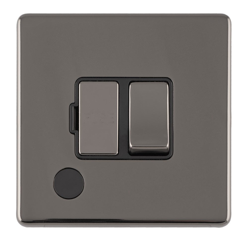 Eurolite Concealed 3mm 13Amp Switched Fuse Spur in black nickel finish, featuring a toggle switch and a neon indicator light, designed for wall mounting.