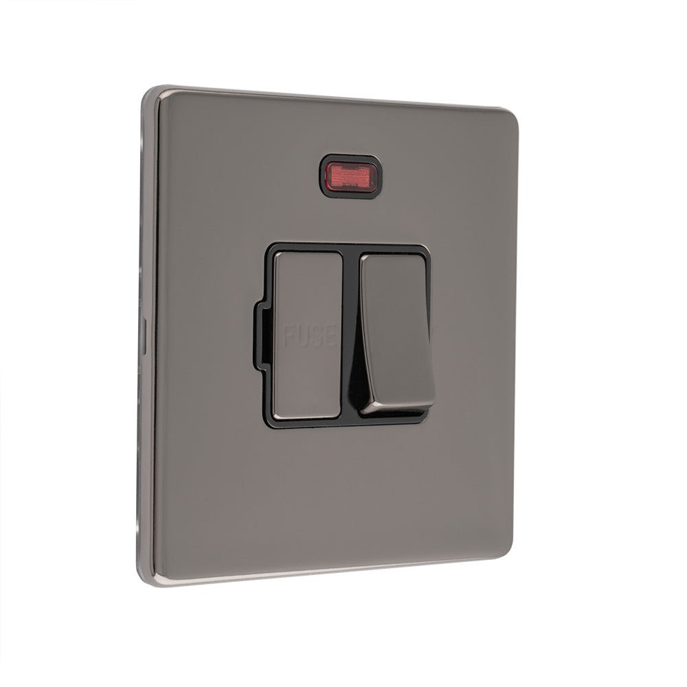 Eurolite Concealed 3mm 13Amp Switched Fuse Spur in black nickel, featuring a sleek square design, two switches, and a small indicator light, made from durable materials for electrical control.