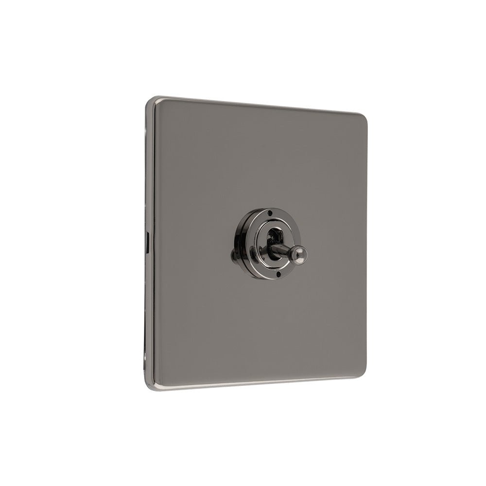 Eurolite Concealed 3mm 1 Gang 10Amp 2Way Toggle Switch in black nickel plate, featuring a square design with a glossy finish and a toggle knob in the center for operation.