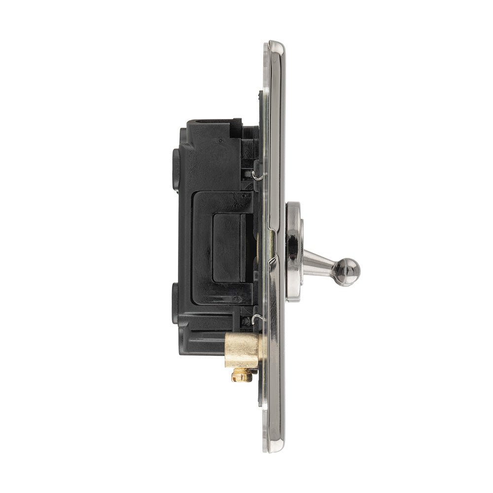 Eurolite Concealed 3mm 2 Gang 10Amp 2Way Toggle Switch in black nickel plate, featuring a toggle switch on a sleek black nickel front plate and a durable plastic housing at the back.