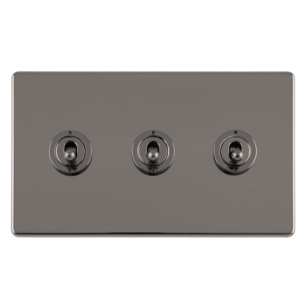 Eurolite Concealed 3mm 3 Gang 10Amp 2Way Toggle Switch in black nickel plate, featuring three toggle switches on a rectangular faceplate with a sleek finish.