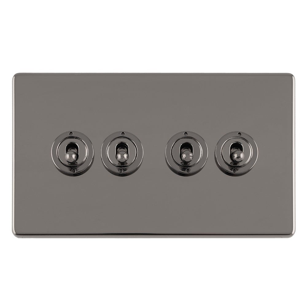 Eurolite Concealed 3mm 4 Gang 10Amp 2Way Toggle Switch in black nickel plate, featuring four toggle switches on a sleek black nickel backdrop, designed for a modern appearance.