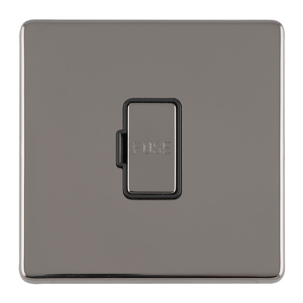 Eurolite Concealed 3mm 13Amp Unswitched Fuse Spur in black nickel, featuring a rectangular design with a central switch labeled "FUSE". This product has a sleek finish and is designed for easy installation and accessibility.