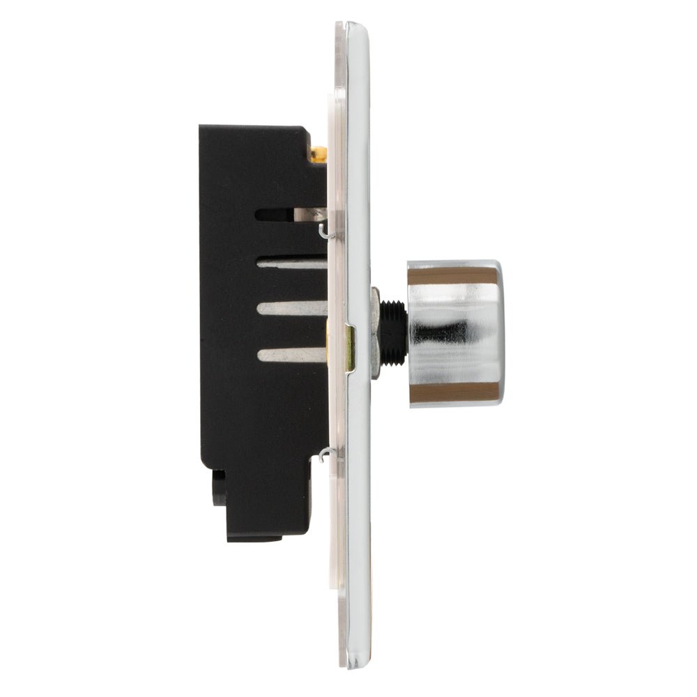 Eurolite Concealed 3mm 1 Gang LED Push On Off 2Way Dimmer in polished chrome, featuring a sleek design with a rounded knob and a square plate, suitable for controlling light levels.