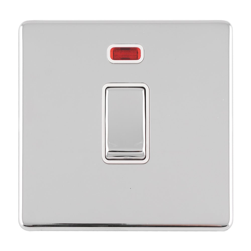 Eurolite Concealed 3mm 1 Gang 20Amp DP Switch & Neon in polished chrome finish, featuring a toggle switch and a small red neon indicator light on the top.