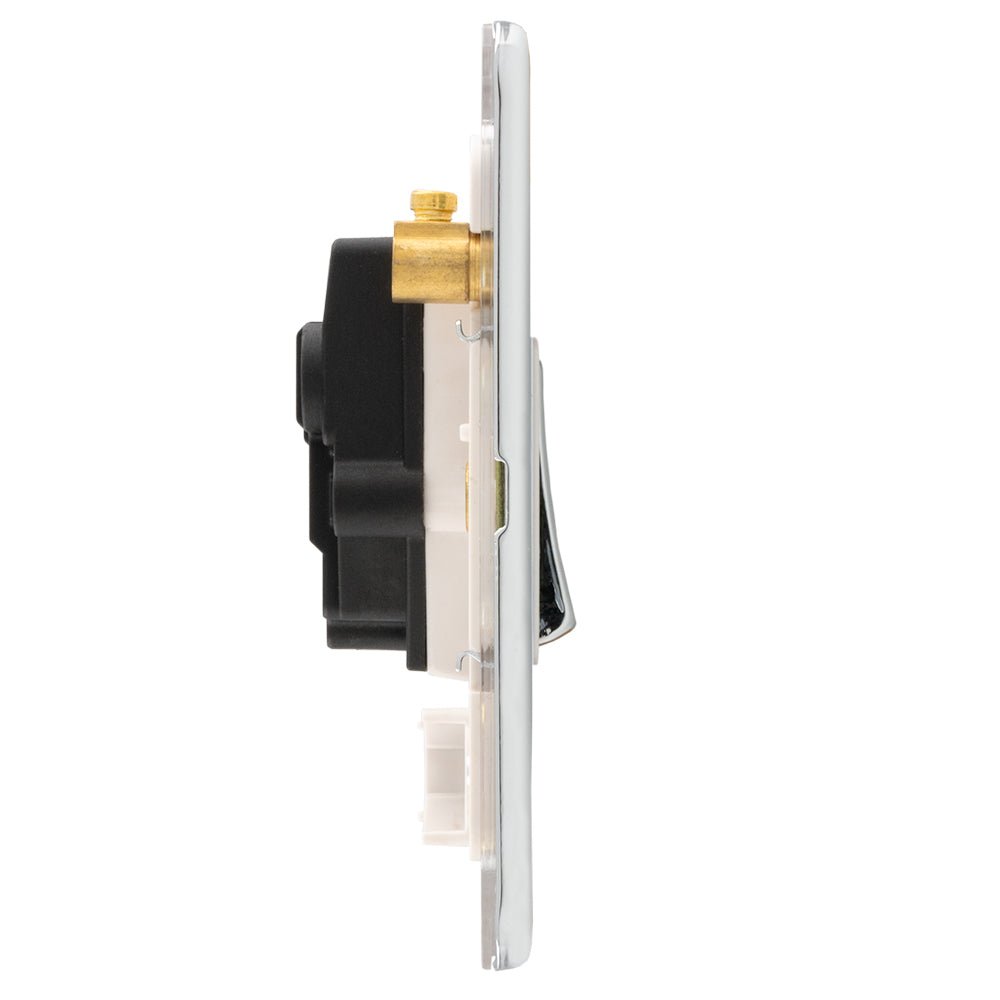 Eurolite Concealed 3mm 1 Gang 20Amp DP Switch in polished chrome, featuring a sleek design with a metallic finish and visible brass and black components. The switch is designed for easy installation and use in various electrical applications.