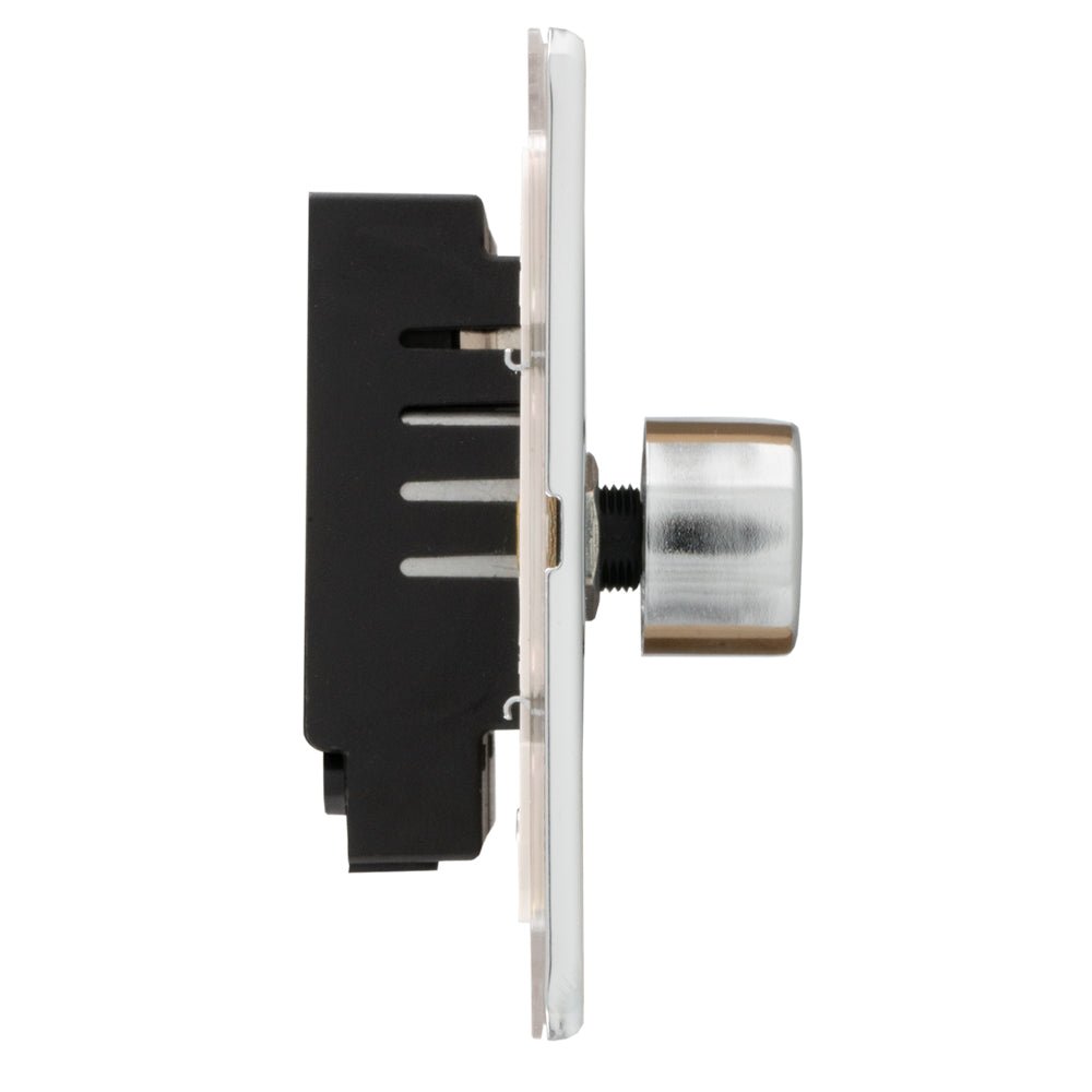 Eurolite Concealed 3mm 2 Gang Led Push On Off 2Way Dimmer in polished chrome, designed with a sleek knob and a flat plate, providing an elegant finish for controlling LED lighting.