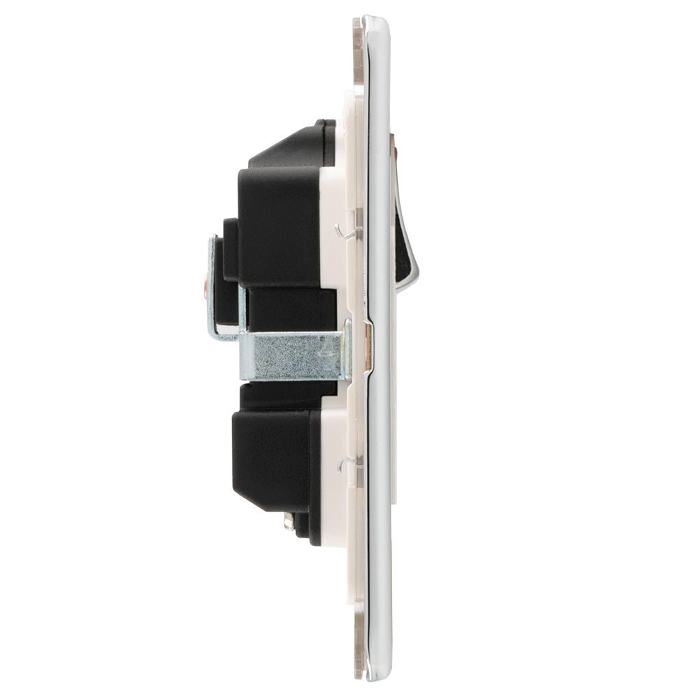 Eurolite Concealed 3mm 2 Gang 13Amp DP Switched Socket in polished chrome finish, featuring a slim profile design with black components for mounting and a metal bracket for secure installation.