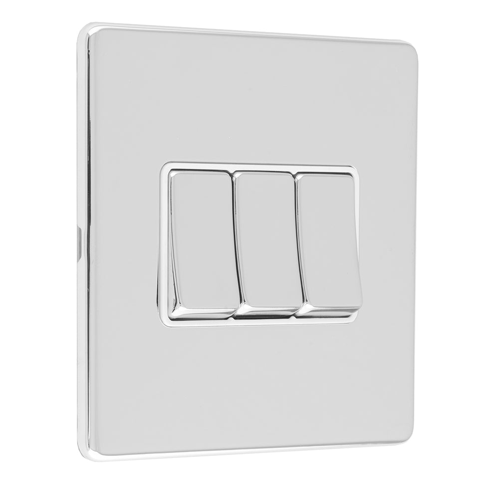Concealed 3mm 3 Gang 10Amp 2Way Switch - Polished Chrome