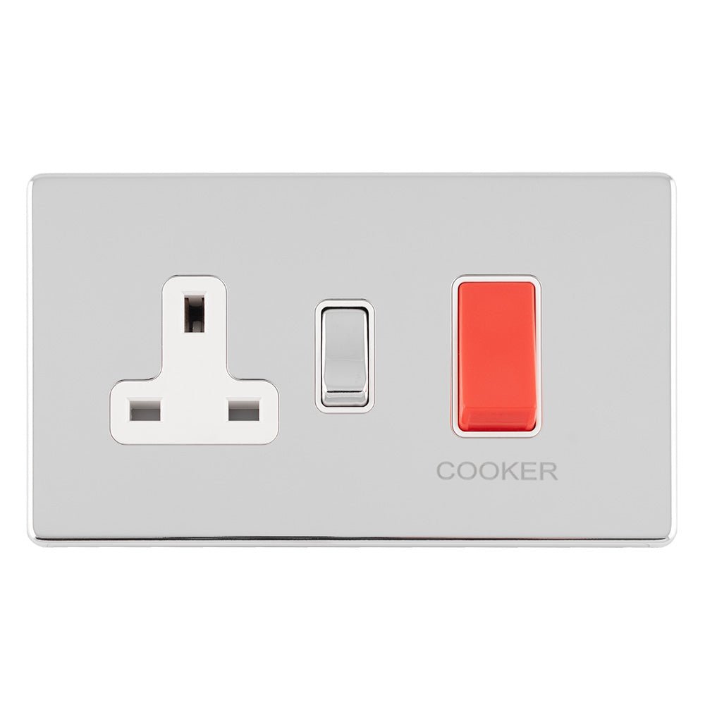 Eurolite Concealed 3mm 45Amp DP Cooker Switch with 13Amp Socket in polished chrome, featuring a red switch for the cooker and a standard UK three-pin socket.