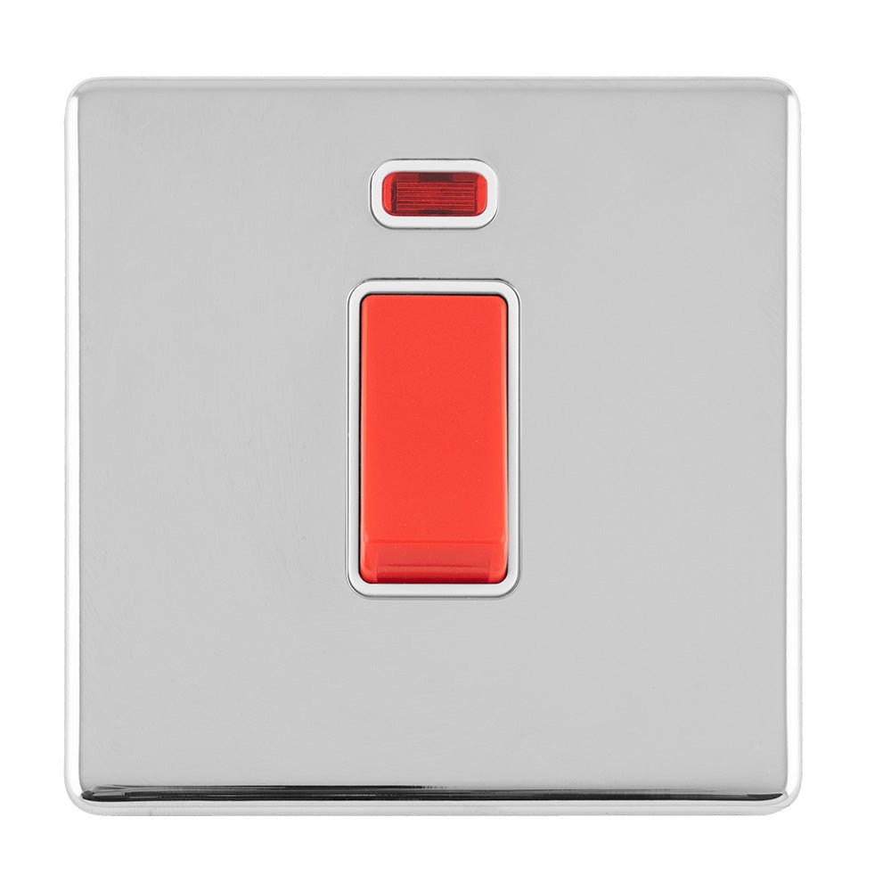 Eurolite Concealed 3mm 1 Gang 45Amp DP Switch in polished chrome finish, featuring a red toggle switch and a neon indicator light positioned above the switch.