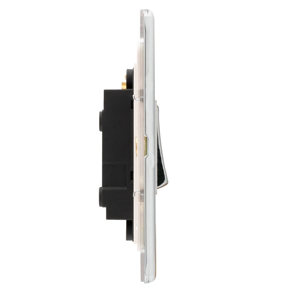 Eurolite Concealed 3mm 1 Gang Intermediate Switch in polished chrome finish, featuring a slim profile and a black base for easy installation in electrical systems.