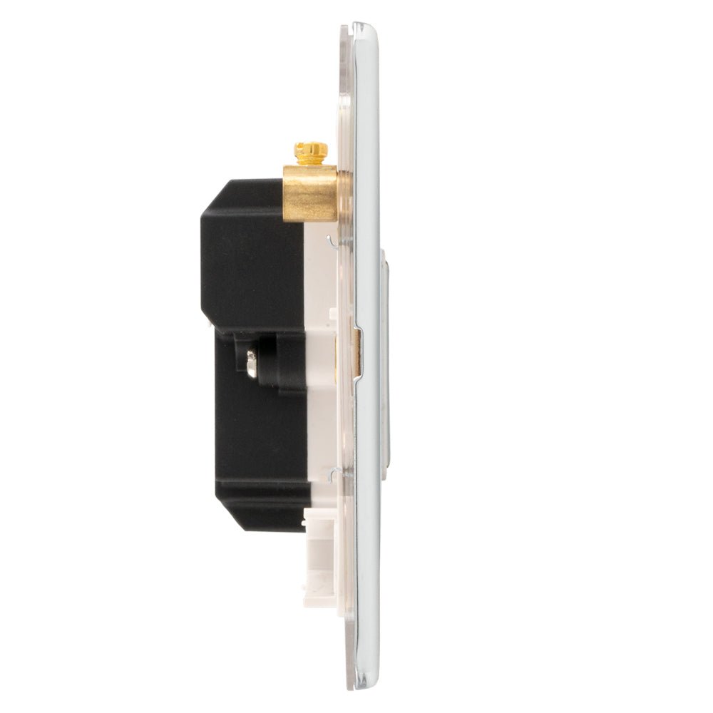 Eurolite Concealed 3mm 13Amp Unswitched Fuse Spur in polished chrome finish, featuring a compact design with visible brass connections and a plastic body, designed for safe electrical installations.