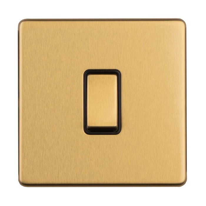 Eurolite Concealed 3mm 1 Gang 10Amp 2 Way Switch in satin brass, featuring a rectangular design with a central toggle switch and a brushed metal finish.