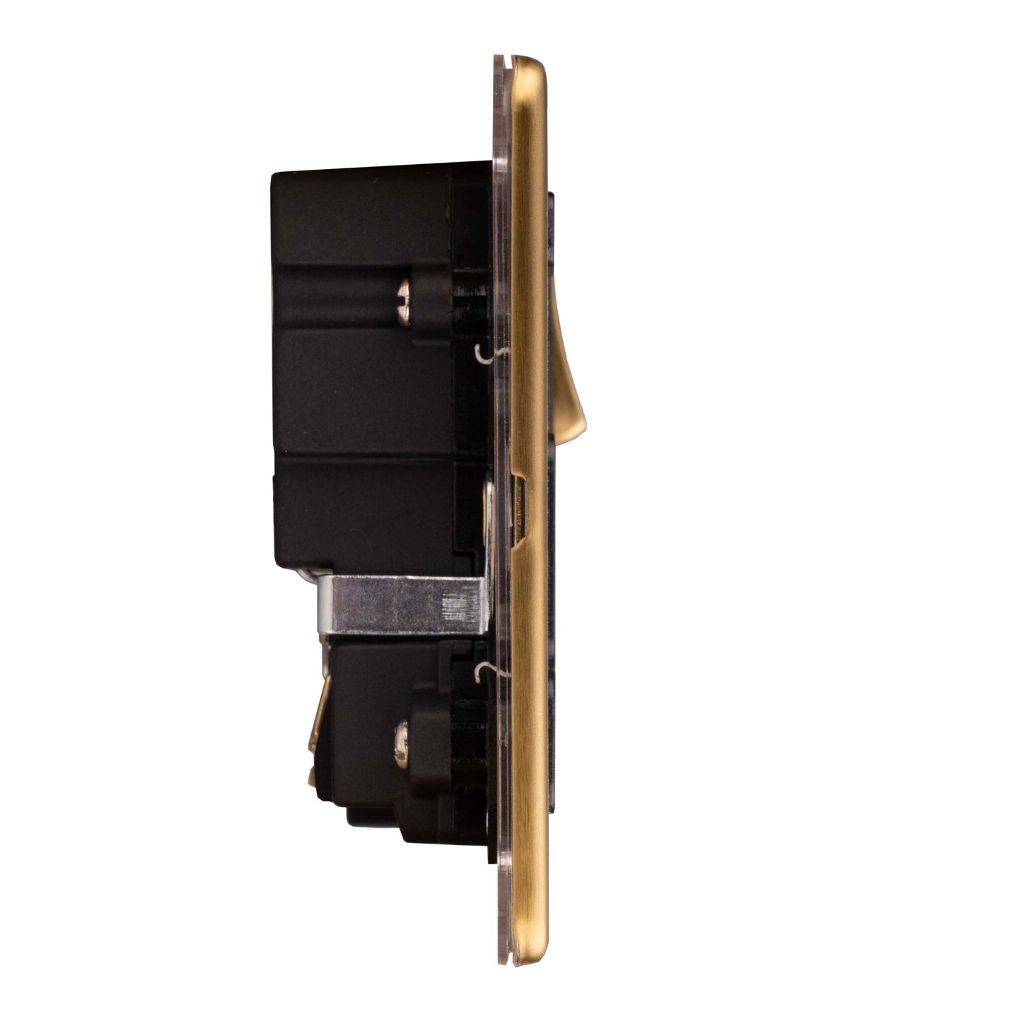 Eurolite Concealed 3mm 1 Gang Switched Socket with USB in satin brass finish, featuring a sleek design and an integrated USB port for convenient charging.