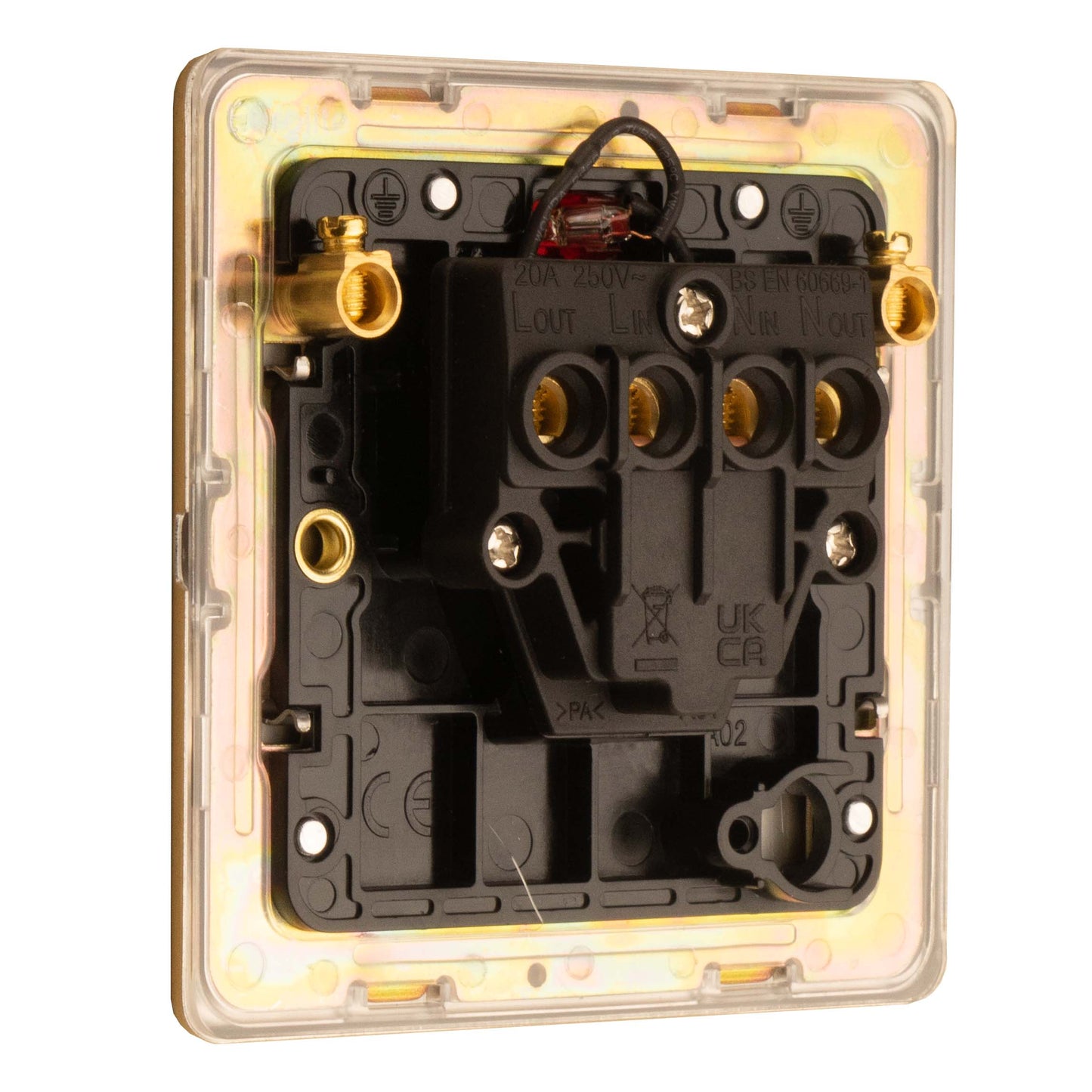 Concealed 3mm 1 Gang 20Amp Switched Socket With Neon Indicator - Satin Brass