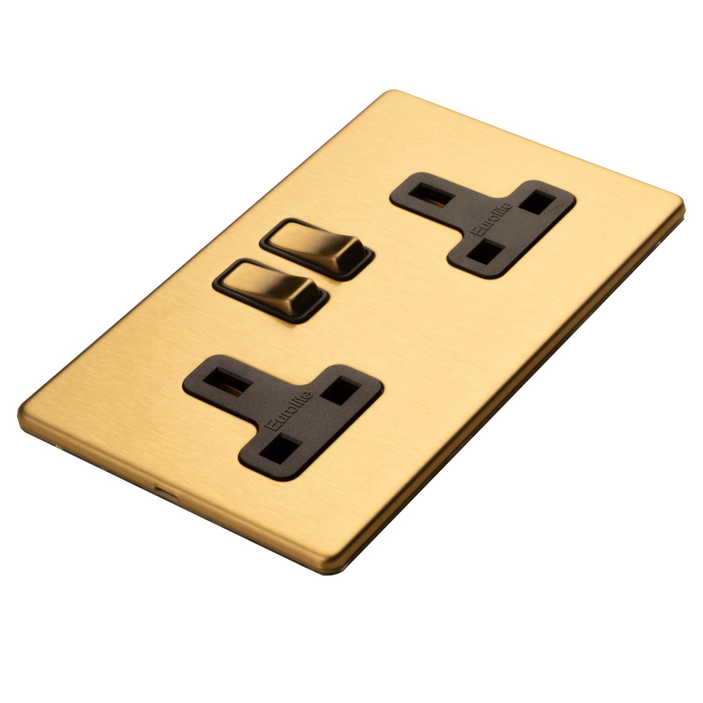 Eurolite Stainless Steel 2 Gang Socket in satin brass finish, featuring two rocker switches and black inserts for connections, designed for wall installation.